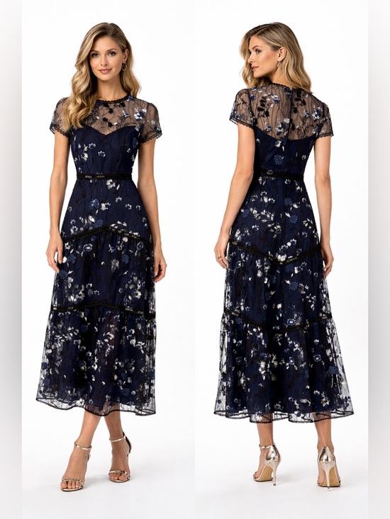 Monique Lhuillier Dresses & Skirts - Monique Lhuillier Navy Blue Floral Embroidered Lace Midi Evening Cocktail Dress